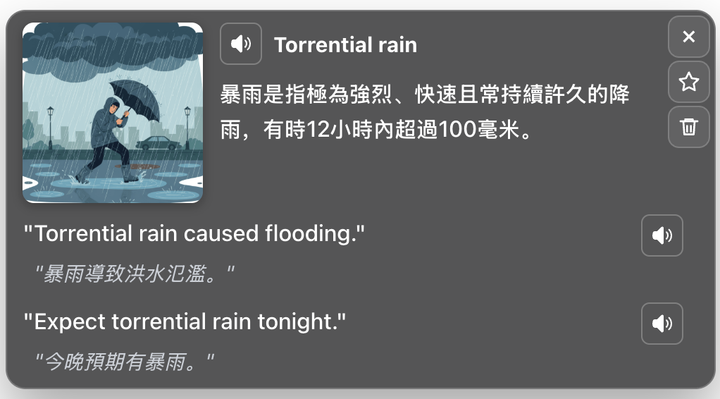 VividRead contextual lookup popup for torrential rain showing a concise context-specific definition, visual aid of heavy rainfall, example sentences with translations, and pronunciation