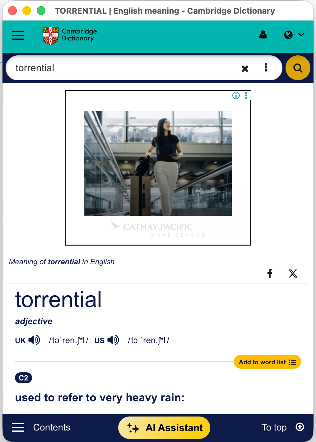Cambridge Dictionary page for the word torrential showing definition, phonetic spelling, pronunciation, and part of speech