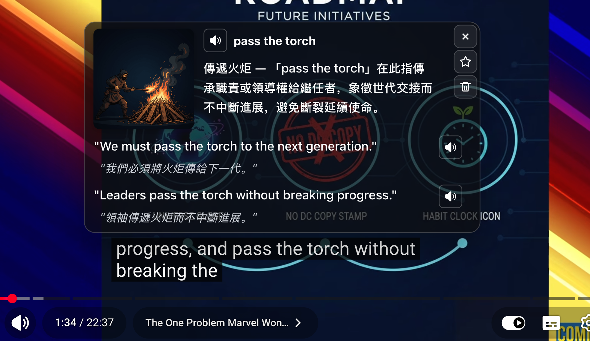 VividRead Chrome extension showing contextual English word lookup on a YouTube video with subtitles