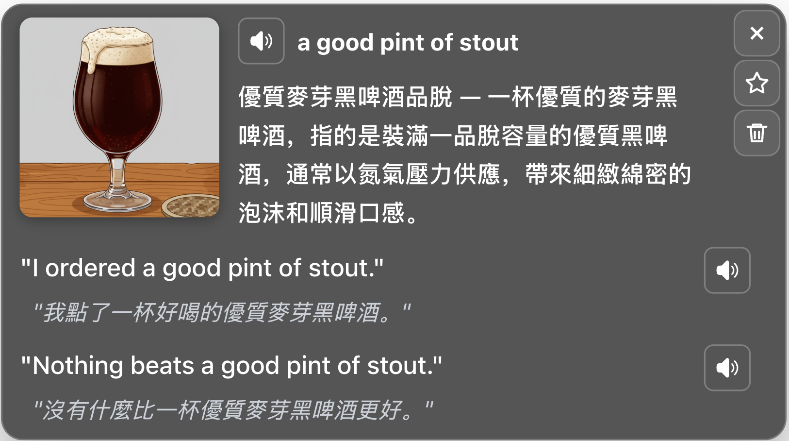 VividRead vocabulary lookup showing a visual aid for the phrase a good pint of stout — dark beer image alongside contextual definition and pronunciation
